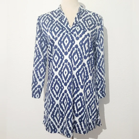 Woman's Brooks Brothers Blue Ikat Tunic Blouse 100% Cotton Size Small 3/4 Sleeve - Picture 2 of 12